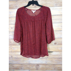 Lauren Conrad Woman Shirt Medium Brick Floral Sheer Peasant 3/4 Long Sleeve
